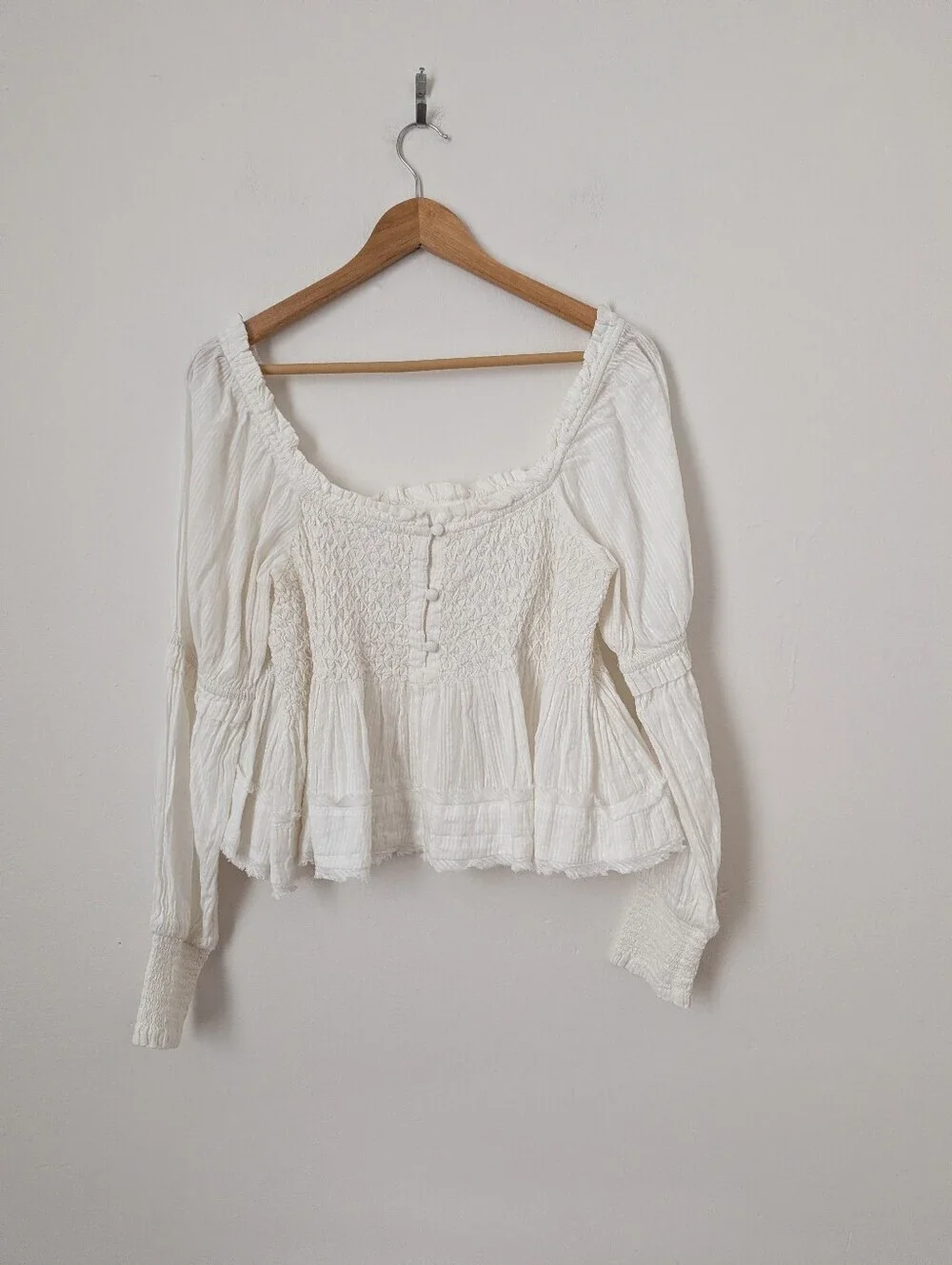 Anthropologie White Cotton Smocked Shirred Button Down Cropped Babydoll Top